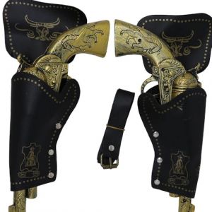 FIESTAS GUIRCA | Cartouchi&egrave;re Double avec Pistolets en Plastique (29 cm) - Accessoire de Costume pour Cowboys du Far West et F&ecirc;tes Costum&eacute;es - Id&eacute;al pour Halloween et Carnaval - Marron et Or (DisfraZZes  France, neuf)