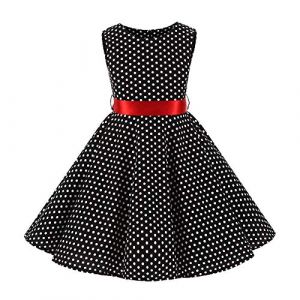 IWEMEK Robe Cérémonie Vintage Fille Enfant Robe Rockabilly Année 50/60 Retro à Pois Polka Dot Imprimé Floral Robe Pin Up de Soirée Fête Cocktail Noël Mariage A-Ligne Midi Pois Noir 9-10 Ans (IWEMEK, neuf)
