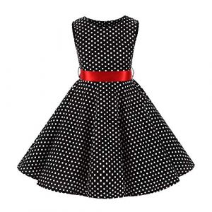 IWEMEK Robe Cérémonie Vintage Fille Enfant Robe Rockabilly Année 50/60 Retro à Pois Polka Dot Imprimé Floral Robe Pin Up de Soirée Fête Cocktail Noël Mariage A-Ligne Midi Pois Noir 9-10 Ans (IWEMEK, neuf)