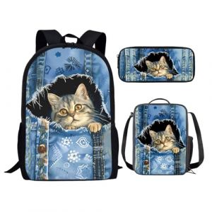 chaqlin Blue Cowboy Cat Enfants Sac à Dos garçon Cartable Animal Chat imprimé Cartable Grand Sac à Dos de Voyage Set de 3 Packs Animal Cartable Lunch Bag Pencil Box (chaqlin, neuf)