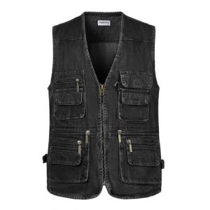 Yukirtiq Homme Gilet de Pêche Veste de Photographie Casual Manteau sans Manche d'extérieur Camping Décontracté Multi Poches Pêche Gilets Coton, Jean Noir, XXL (Yukirtiq, neuf)
