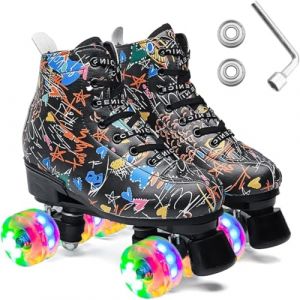 ERNAN Patins &agrave; roulettes pour fille et femme, chaussures montantes lumineuses, &agrave; double rang&eacute;e, r&eacute;glables en polyur&eacute;thane, chaussures pour enfant, d&eacute;butant, int&eacute;rieur et ext&eacute;rieur (style graffiti, 42 (ERNAN STORE, neuf)