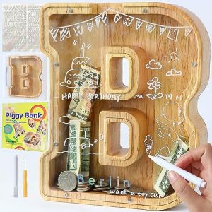 Lakpopya Tirelire en Bois Grande pour Enfant Adulte Tirelire Cochon Personnalisée de Lettres A-Z avec Zone Cible Tirelire Billet Transparente Créative pour Cadeau Décoration Baptême (B) (Never fail, neuf)