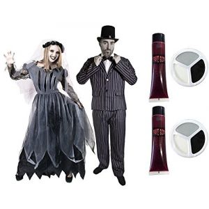 Déguisement accessoires maquillage et faux sang de jeune couple marié pour adulte pour l'Homme L. veste + pantalon + chapeau + nœud papillon + pour la Femme XXL une robe mariée + voile (ILFD GROUP LTD, neuf)