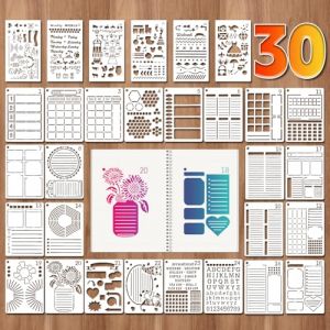 30 Pi&egrave;ces PET pour Bullet Journal Pochoirs pour Peinture R&eacute;utilisables et Accessoires pour Pochoir Lettre Alphabet Id&eacute;al pour le Pochoir Scrapbooking Les Loisirs Cr&eacute;atifs et la Planification (JUNCHAO LUO, neuf)