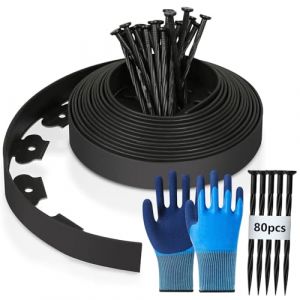 Bordure Jardin Exterieur Flexible, 20m Bordure de Jardin Flexible Con 80 Piquets et 1paire Gants, Bordure Jardin Plastique, Bordurette de Jardin Flexible, 5cm Haut Bordure Jardin pour Jardins - Noir (YUSHENGTAI, neuf)