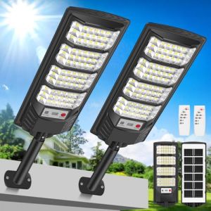 600W Lampadaires solaires extérieurs avec détecteur de mouvement, 6500K Projecteur solaire extérieur IP66 Étanche Télécommande Éclairage solaire lumières de sécurité lampadaire de jardin garage 2 (PEAKRO STORE, neuf)