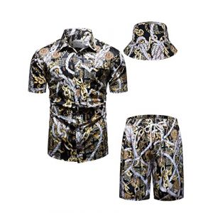 fohemr hommes baroque ensemble de deux pièces or motif chaîne noir chemise short avec chapeau de pêcheur Casual set vacances d'été plage set 5X-Large (fohemr, neuf)