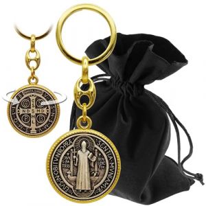 Lunexus Porte-cl&eacute;s Beno&icirc;t - B&eacute;ni - M&eacute;daille de Saint Beno&icirc;t avec gaufrage et design des deux c&ocirc;t&eacute;s - Cadeau avec pochette en velours - Symbole de protection pour voiture, maison et d&eacute;placement - Dor&eacute; (jinhuashilichanggongyipinyouxiangongsi, neuf)