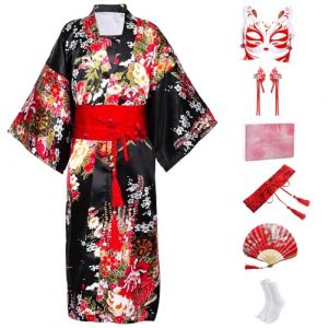 CRFASIBE Enfants Kimono Robe Japonais, Enfants Costumes Japonais Cosplay Vêtements, Kimono Déguisement, Filles Yukata Peignoir Ensemble avec Accessoire(Noir,140cm) (YEEGERINC, neuf)
