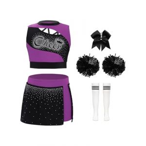 ranrann Enfant Fille D&eacute;guisement Pompom Girl D&eacute;guisement Uniforme avec Pompons Costume Carnaval Halloween Performance 3-16 Ans C Violet noir 13-14 ans (ranraneu, neuf)