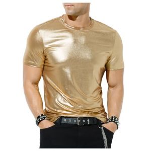 Casey Kevin Chemise Metallique Homme, T-Shirt Métallisé Brillante Paillettes Manches Courtes pour Fête Club Party Disco Discothèque Dancing Halloween Cosplay (Casey-Kevin, neuf)
