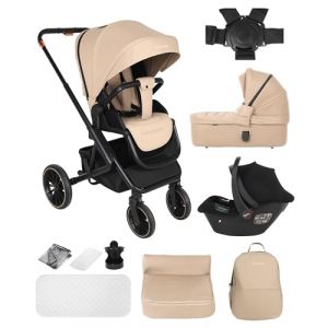 BabyVoyage Poussette 3 en 1 Poussettes Combin&eacute;es Roues &agrave; Amortisseurs 360&deg;, avec porte-b&eacute;b&eacute; I-Size, syst&egrave;me de voyage, poussette trio, poussette pliable, pour nouveau-n&eacute; jusqu'&agrave; 4 ans-Khaki (BabyVoyage, neuf)