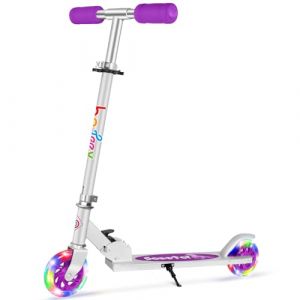 BELEEV Trottinette pour Enfants avec Support, Trottinette Pliable &agrave; 2 Roues, 3 R&eacute;glables en Hauteur, Trottinette pour Filles et Gar&ccedil;ons &agrave; Roues LED PU(Violet) (MeiShangStore, neuf)