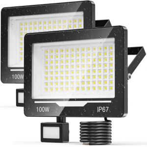 TOPAUBUB Projecteur LED Extérieur avec Détecteur 100W 2 Pièce, 10000LM 6500K Spot LED Extérieur Detecteur de Mouvement, IP67 Luminaire Exterieur Detecteur de Mouvement Jardin (XinWangXing, neuf)