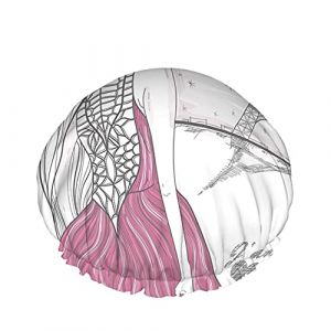 Bonnet de douche tour Eiffel et fille, fille parisienne romantique dessinée à la main dans une robe rose regarde la tour Eiffel Bonnets de bain double couche imperméables parfaits pour toutes les long (FireBoomBoom, neuf)