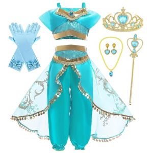 Cnexmin Deguisement Princesse Jasmine Fille Robe de Aladdin Princesse Jasmine pour Enfant Filles Costume Anniversaire Noël Halloween Partie Carnaval Cosplay Robe de Soirée pour Bijoux 6-7Ans/140 (TOP BENEFIT LIMITED, neuf)