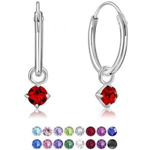 DTPsilver&reg; Boucles d'oreilles PETITES Cr&eacute;oles en Argent Fin 925 avec petit Pendentif 3 mm Cristaux de Swarovski&reg; Elements Ronds - &Eacute;paisseur 1.2 mm - Diam&egrave;tre: 12 mm - Couleur: Rouge Siam (DTPSilver, neuf)