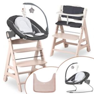 hauck Chaise Haute B&eacute;b&eacute; Beta Plus Set Deluxe - &Eacute;volutive avec Si&egrave;ge Amovible, Plateau Repas, Coussin Assise, Roulettes, Arceau de Jeu - Bois Blanchi (babyartikel-de, neuf)