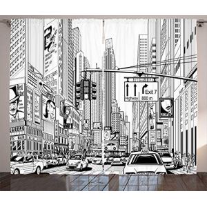 ABAKUHAUS NYC Rideaux, Rue de New York Urban Sketch, Décoration Intérieure Accent Lot de 2 Panneaux, 280x225, Gris Blanc (Abakuhaus, neuf)