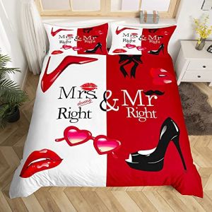Mr Mrs Housse de Couette Creative Funny Quote Parure de Lit 200x200cm Couple Romantique Mariage Parure Housse de Couette Rouge Blanc Chambre D&eacute;cor Homme Femme Sexy Rouge Noir L&egrave;vre Talon Haut (Bofanshangmao, neuf)