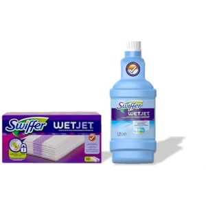 Pack Economique Swiffer Wetjet Balai Spray, 1 Recharge de 1,25L WetJet et 10 Lingettes, Retient la Poussi&egrave;re et la salet&eacute;, Con&ccedil;u pour Tous les Types de Sols (1) (TECHNOSMAR, neuf)