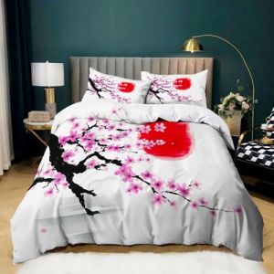 Housse de Couette 180x200 Cerisier Japonais 3D Imprimé Parure de Lit Garçon Fille en Microfibre Chambre Décor Housse Couette avec Fermeture Éclair avec 2 Taies d'oreiller 65x65 cm (SweetHomeStar Shop, neuf)