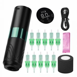ATOMUS Vert sans fil tatouage stylo set 1600mah puissance sans fil rotation tatouage batterie stylo numérique OLED affichage avec 10 aiguilles de cartouche de tatouage 10 grands sacs de stylo (hayou1989, neuf)