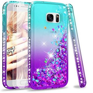 LeYi Coque pour Samsung Galaxy S7 (Pas S7 Egde) avec Verre Trempé [Lot de 2], Liquide Paillette Transparente 3D TPU Gel Silicone Antichoc Kawaii Diamant Protection Étui Turquoise Violet (Hailasi, neuf)