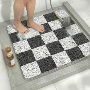 Tapis de Douche en PVC Loofah Antid&eacute;rapant Carr&eacute; 60x60 cm avec Drain Tapis Antid&eacute;rapant Douche Caillebotis Douche S&eacute;chage Instantan&eacute; &agrave; Carreaux Noir et Blanc (JOYXEON-FR, neuf)
