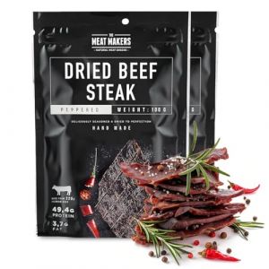 The Meat Makers Peppered Dried Beef Jerky Steak 200g - viande séchée de bœuf séché peppered steak séché de bœuf séché pour les personnes collation à la viande séchée (Comfort_Care2, neuf)