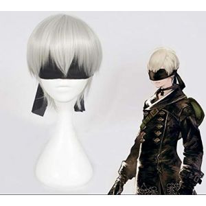 LINLINCD Biamoxer NieR : Automata 9S Cosplay Perruques YoRHa No. 9 Modèle Silver Perruque avec patch aux yeux noirs Cosplay Halloween (qiu lai shan mao hang, neuf)