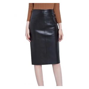 Jupe mi-longue en cuir de mouton pour femme - Taille haute - Fente - Jupe de hanche, Noir767, 44 (mianchangEU, neuf)