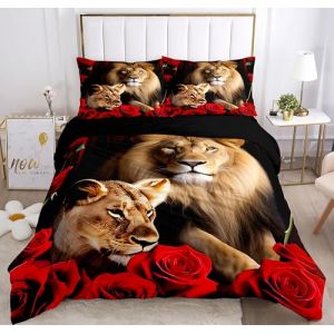 KXHHYB Ensemble de literie Lion 240x260 Noir motif animal, Housse de couette réversible en microfibre avec fermeture éclair dissimulée, Housse de couette et taie d'oreiller moderne en style lion brun (SHAIHAO-EU, neuf)