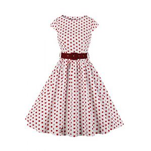 AXOE Femme Robe Vintage Ann&eacute;es 50 Tissu Coton Respirant Coupe A-Line Ceinture Amovible Col Bateau Blanche &agrave; Pois Rouge, Taille 46, XXL (AXOE-FR, neuf)