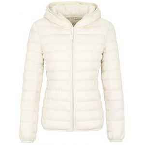 Wantdo Femme Veste en Duvet Manteau Matelassé à Capuche Léger Compressible Veste Coupe-Vent Isolée de Montagne à Capuche Mince Veste d'Extérieur Courte Ivoire L (C'est la vie, neuf)