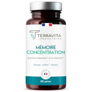 Mémoire Concentration | Ginseng Rouge de Corée + Bacopa + Actif Breveté EnXtra | 5 Heures de Vivacité et de Clarté Intellectuelle | Nootropique sans Caféine | 60 Gélules | Made in France | Terravita (Laboratoire Terravita, neuf)