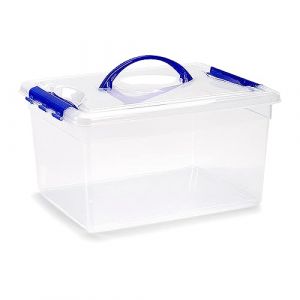 Acan Tradineur - Boîte de rangement transparente avec poignée bleue - En plastique - Conteneur pour ranger jouets, livres, vêtements, couvertures - N° 9-18 x 34 x 27 cm - 12 litres (TRADINEUR, neuf)