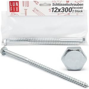 Lun Fix Vis à Bois 12 x 300 mm Acier Zingué – 2 Pièces | Tirefond Hexagonal | Cheville Béton | Support Poteau Bois | Visserie Métal | Portillon | Alternative Inox (LUN FIX, neuf)