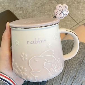 Xfeyaqlo Tasse Lapin Mignon 420ml, Tasse Lapin avec Couvercle C&eacute;ramique, Tasse Sakura Beau, Tasse avec Couvercle et Cuill&egrave;re, Tasse &agrave; Caf&eacute; un Excellent Choix de Cadeau (Violet) (XiaoFeiYang, occasion)