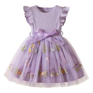 JiAmy Robe arc-en-ciel &agrave; manches longues pour fille - Tricot c&ocirc;tel&eacute; - Robe en tulle arc-en-ciel - Jupe avec ceinture - Pour 1-6 ans, 4-5 ans (JiAmy-EU, neuf)