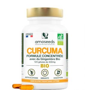 Curcuma BIO Haute Concentration | Avec Gingembre Bio | Curcumine Haute Absorption | Sans Pip&eacute;rine | Articulations | 120 G&eacute;lules | Qualit&eacute; Sup&eacute;rieure (Amoseeds, neuf)