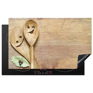 KitchenYeah© Protection Plaque Induction 85x52 cm Protege Deco Cuisine Cache Protège De Cuisson Accessoire Bois - Cuillères - Marron - Smiley (KitchenYeah, neuf)