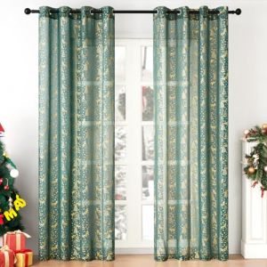 MRTREES Rideau Voilage Rideaux Noel Verts Rideau Salon Moderne Semi-Transparent,Design Moderne &agrave; Oeillets,Motif de l'arbre de No&euml;l dor&eacute; 140X245cm,2 Pi&egrave;ces (MRTREES HOME, neuf)