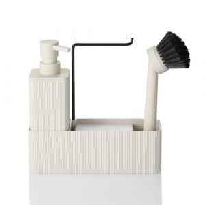 Distributeur Liquide Vaisselle Cuisine avec Distributeur Savon Brosse &Eacute;ponge Porte-Vaisselle et Organisateur, Rangement Evier Cuisine (Beige, 4 in 1) (AJEUNGAIN, neuf)