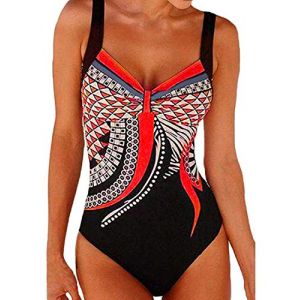Yuson Girl Femme Elégant Sexy Été Maillot De Bain Vintage 1 Pièce Taille Haute Monokini Amincissant Imprimé Dos Nu avec Bra Push Up Rembourré Monokini Ventre Plat Géométrique Straps African,Rouge,M (YusonGirl, neuf)