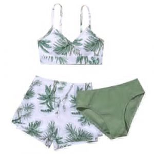 Ensemble de Bikini 3 Pieces Maillot De Bain Enfant Fille 8-14 Ans Shorts + Tanga + Haut Corset Maillot De Bain Fille Pas Cher Plage Natation Piscine Sport Vacances (Blanc-1, 13-14 Ans) (SoLu DAY8, neuf)
