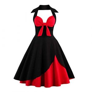 IWEMEK Femmes Vintage Retro Robe Trapèze Rockabilly à Fleurs Années 1950 50 60 Audrey Hepburn Style Dos Nu Encolure Coeur Robe de Cocktail Soirée Fête L'été Casual Habillée Robes Noir+Rouge S (IWEMEK, neuf)