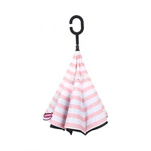 WOWGADGET Parapluie inversé Rose/blanc avec poignée en C. À manche inversé - Parasol à double couche. Coupe-vent - Résistant au vent et aux UV - Protège de la pluie, de la tempête et du soleil. (2joy, neuf)