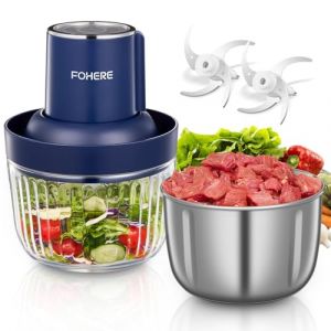 FOHERE Hachoir Électrique, 300W Hachoir à Viande Avec 2L Bol en acier inoxydable+ 1.8 L bol en verre, 2 Lames à Deux Niveaux Amovibles pour Hacher Viande, Oignon, Herbes et Fruits, Bleu (Fuduosii, neuf)